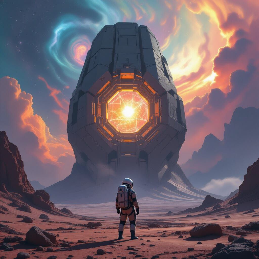 Astronaut Discovers Colossal Alien Artifact on Nebula Planet