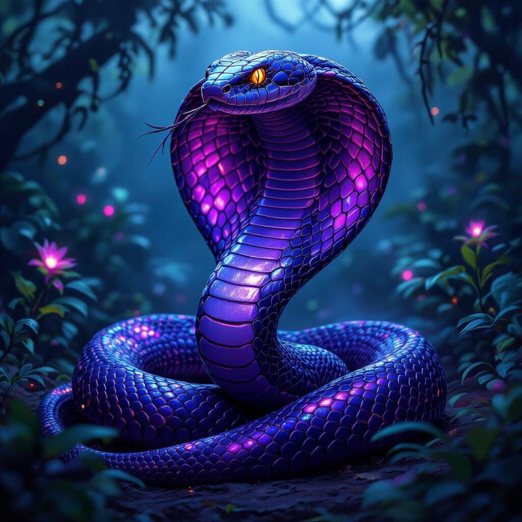Majestic Bioluminescent Purple Cobra in Twilight Jungle