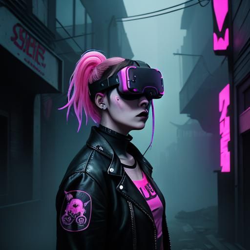 Gothic Model in Haunted VR Cyberpunk Scene