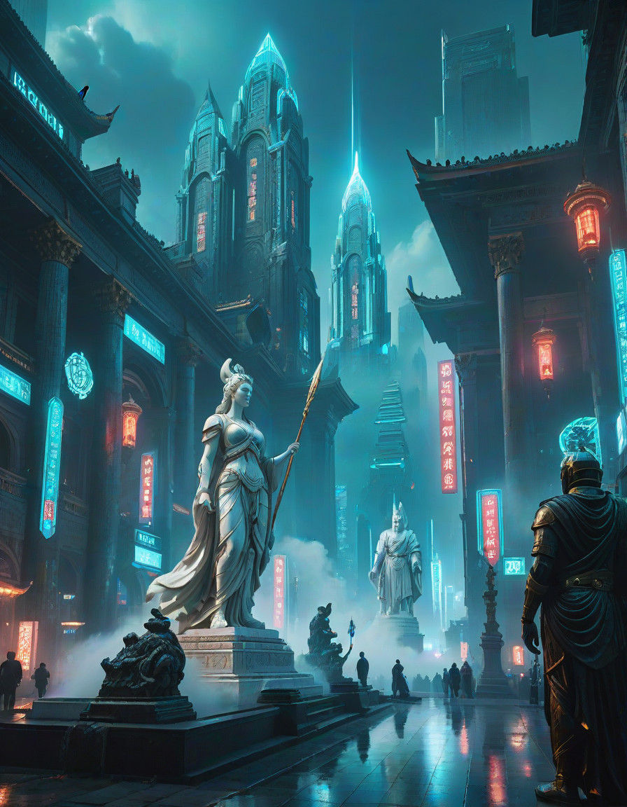 Resplendent Goddess Illuminates Cyberpunk Metropolis in Dazz...