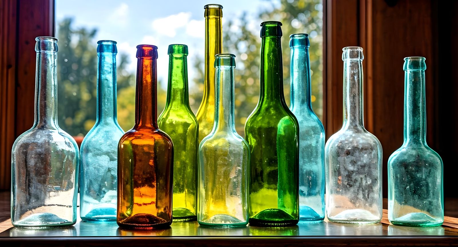 Colorful Vintage Glass Bottles in Sunny Window