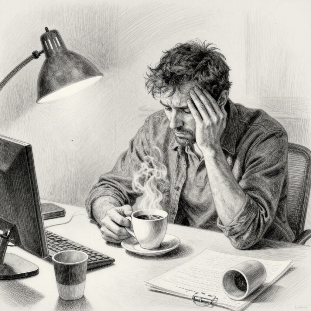Tired Man's Office Hangover Scene in Pencil Drawing Style