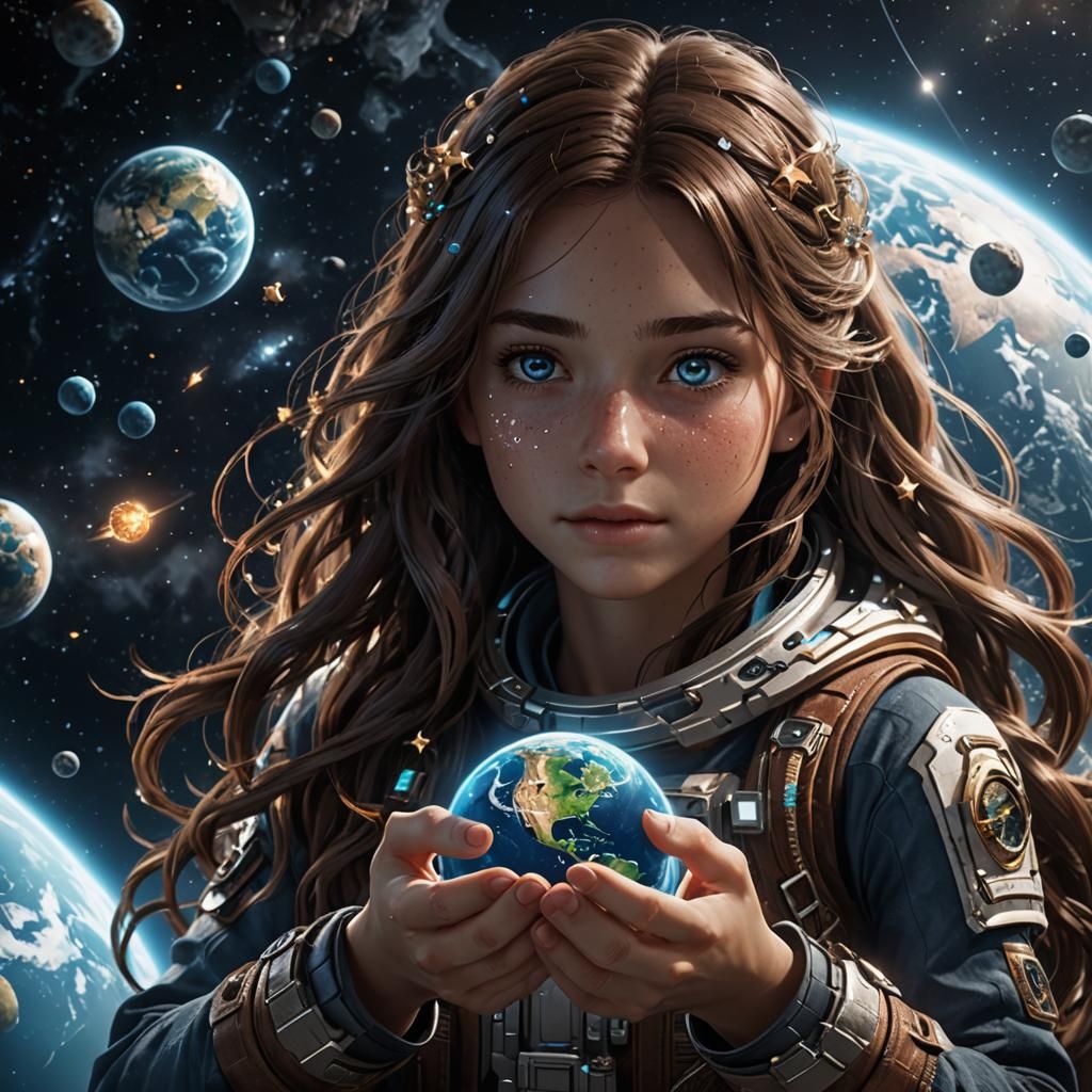 Ocean-Eyed Girl Holds Earth in Space: 3D Render