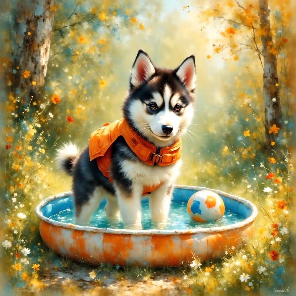 Whimsical Husky Plays in Sunny Backyard