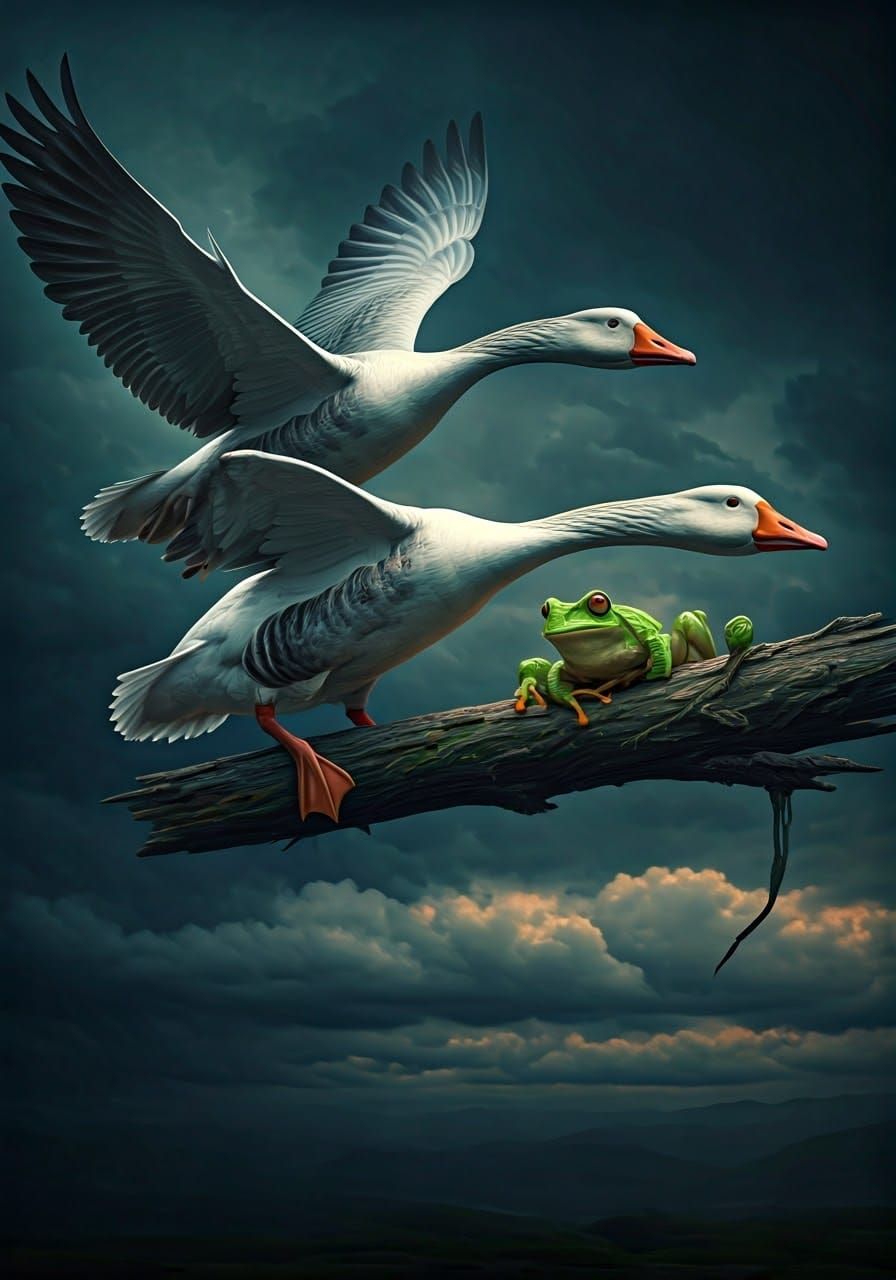 Geese and Frog in Flight, Diamond Painting Style