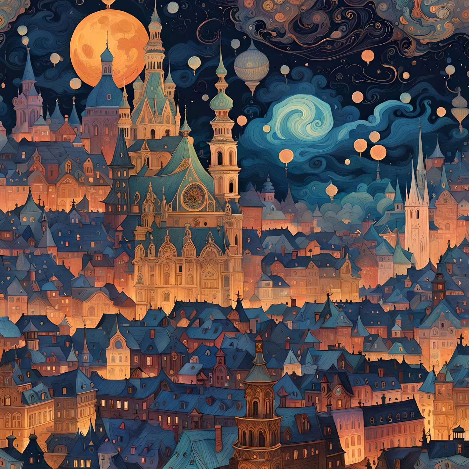 Psychedelic Baroque Cityscape at Midnight