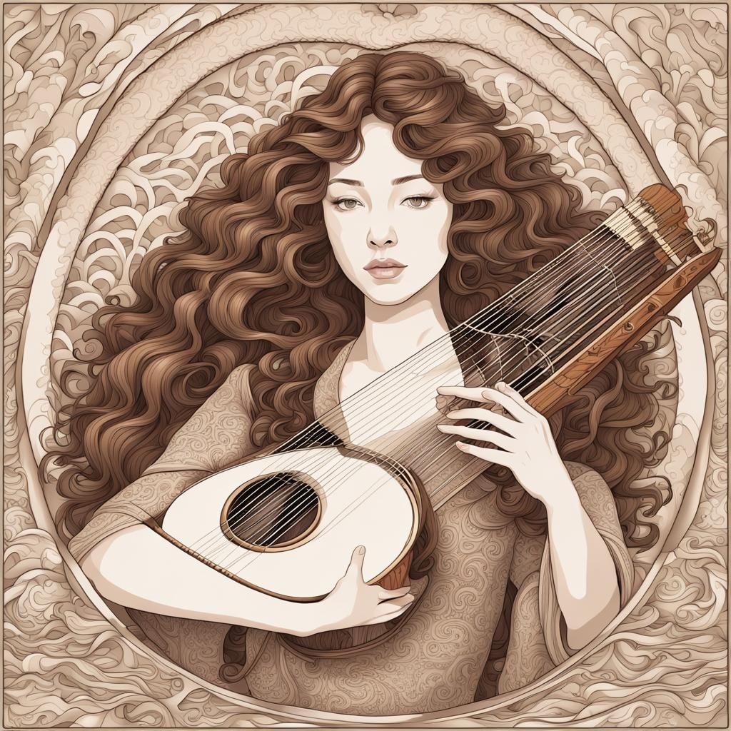 Girl with Zither in Abstract Vector Style