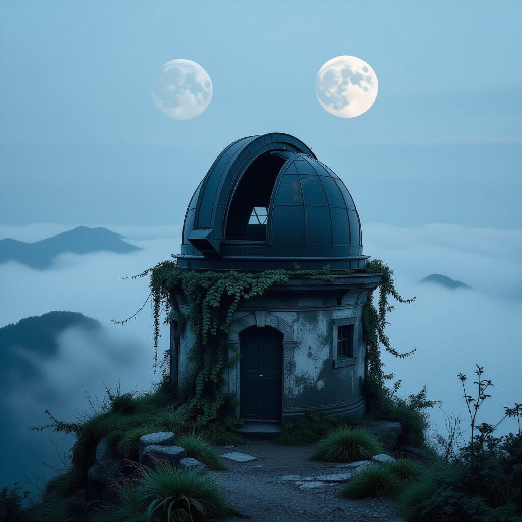 Overgrown Observatory Under Double Moon Glow