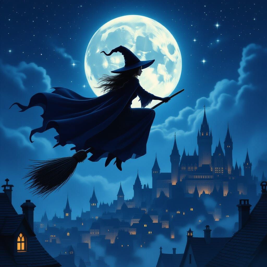 Witch Flies Over Medieval City Under Full Moon