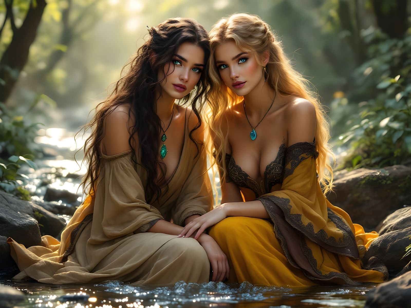 Norse Goddesses Whispering by a Woodland Stream