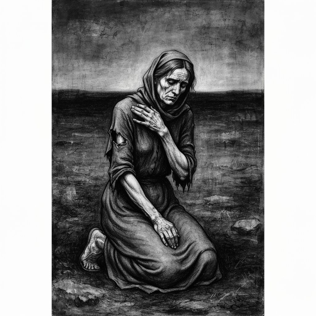 Grieving Mother in Somber Landscape: Kollwitz-Inspired Print