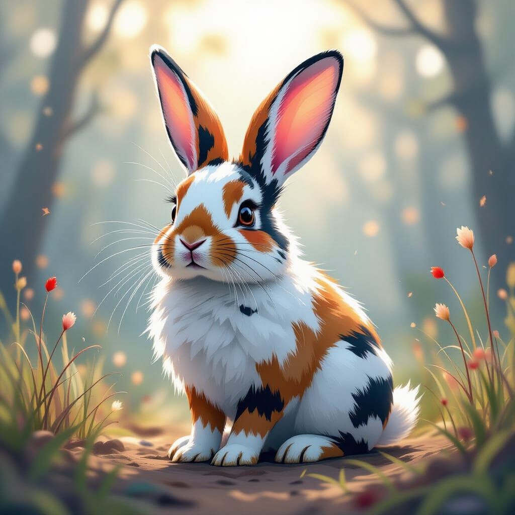 Calico Rabbit in Dripping Ink Style