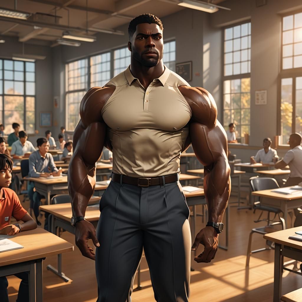 Muscled Teacher in Classroom: 3D Anime Art