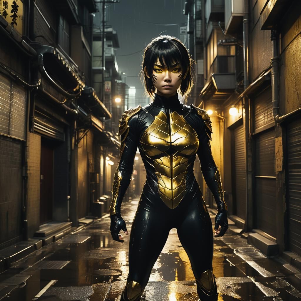 Female Ninja Superhero in Urban Alley, Comic Book Art