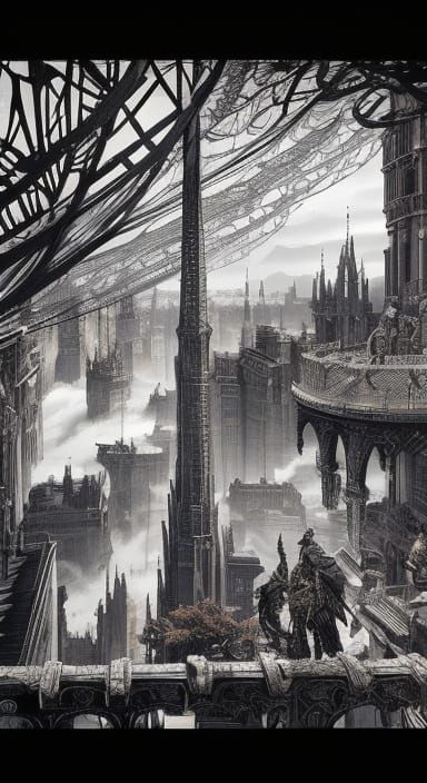 Dark Fantasy Cityscape Illustration in Graphic Novel Style
