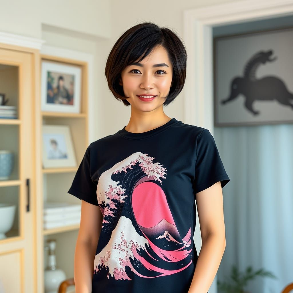 Woman Wearing Hokusai's Great Wave off Kanagawa T-Shirt