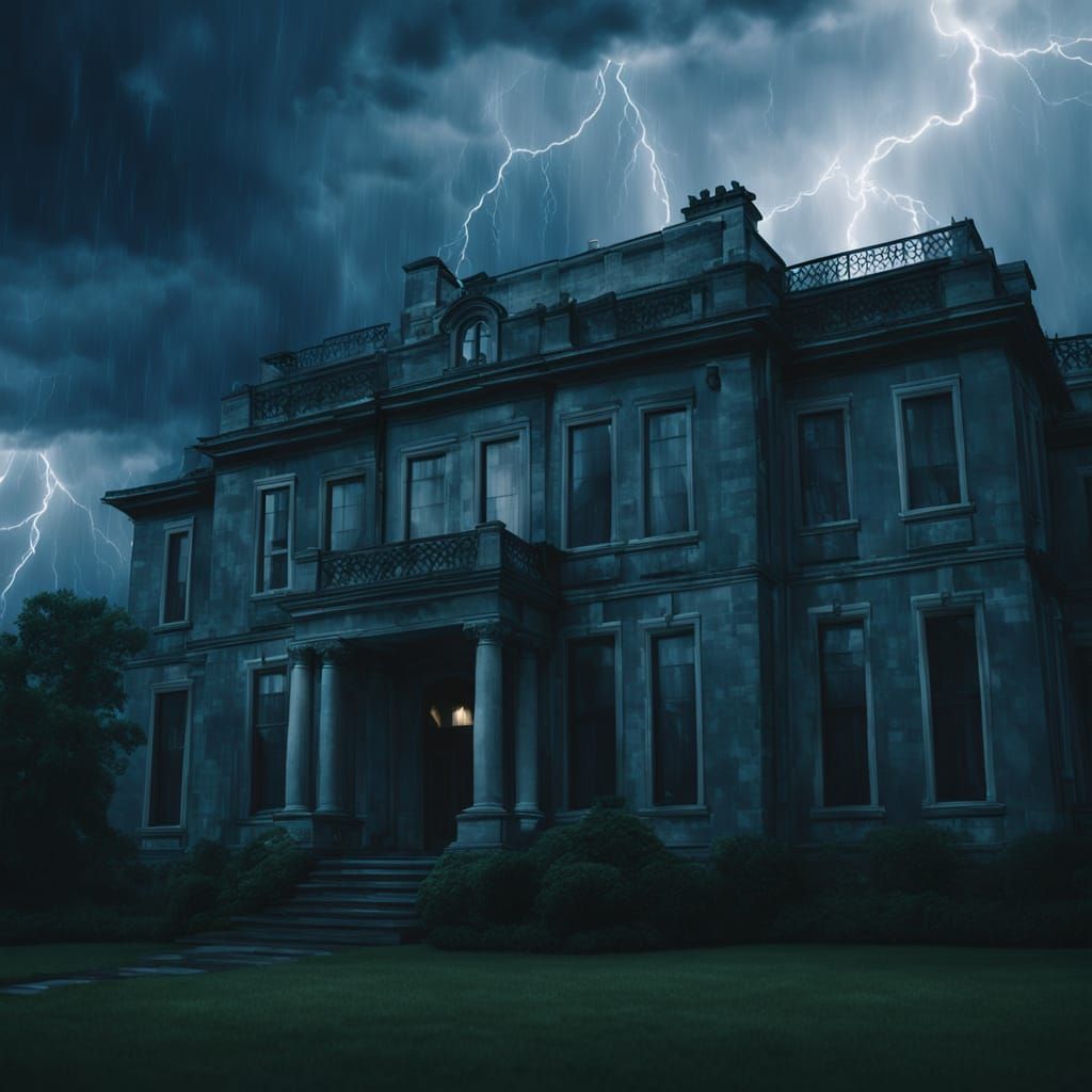 Dramatic Thunderstorm Outside Mansion: Cinematic Film Still
