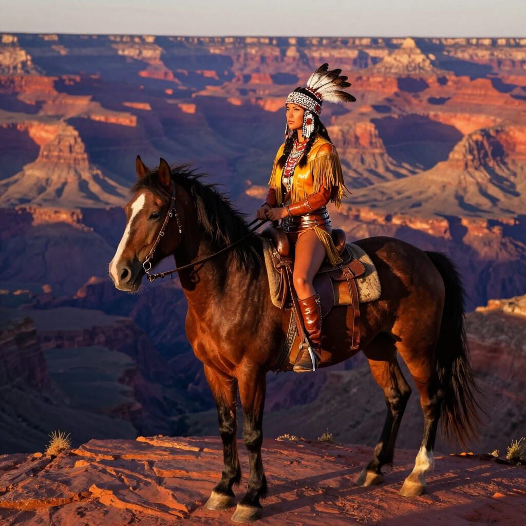 Native American Warrior Girl Rides Horse Over Grand Canyon