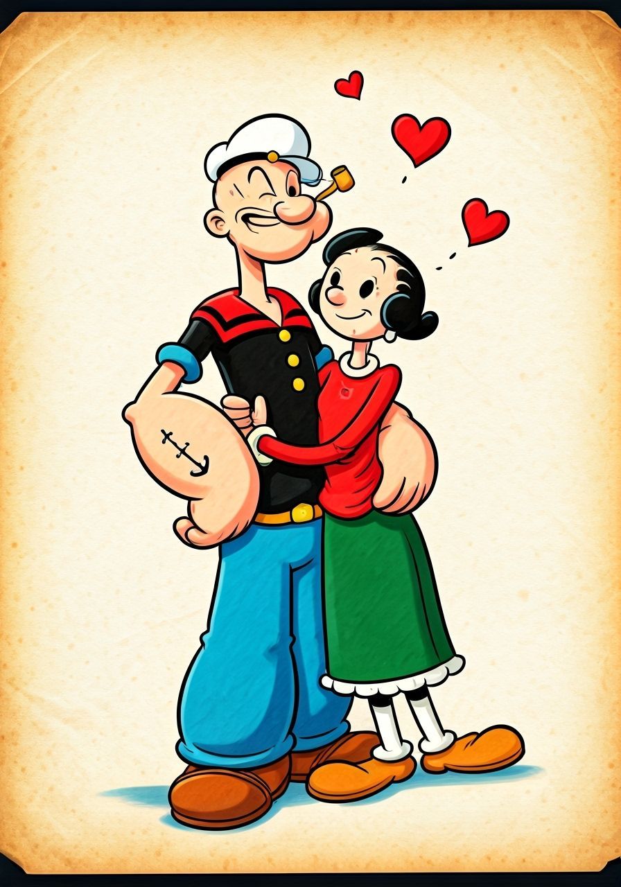Popeye and Olive Oyl in Whimsical, Romantic Illustration