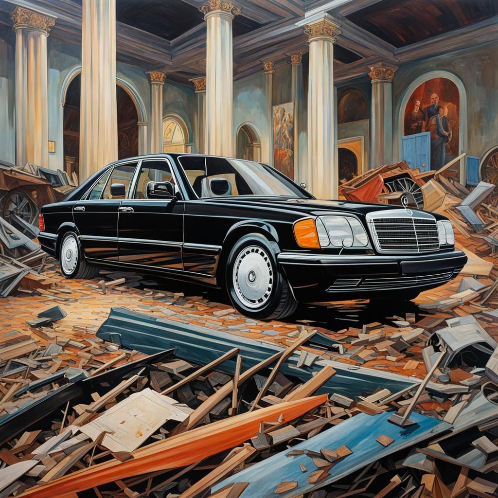 Wrecked Mercedes-Benz S-Class in Art Museum