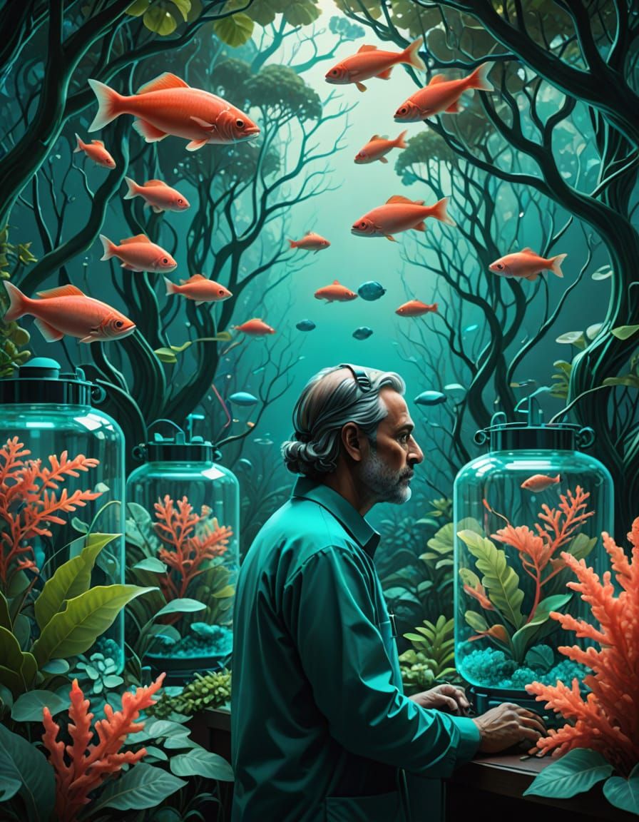 Surrealist Scientific Illustration in Teal and Salmon Pink B...