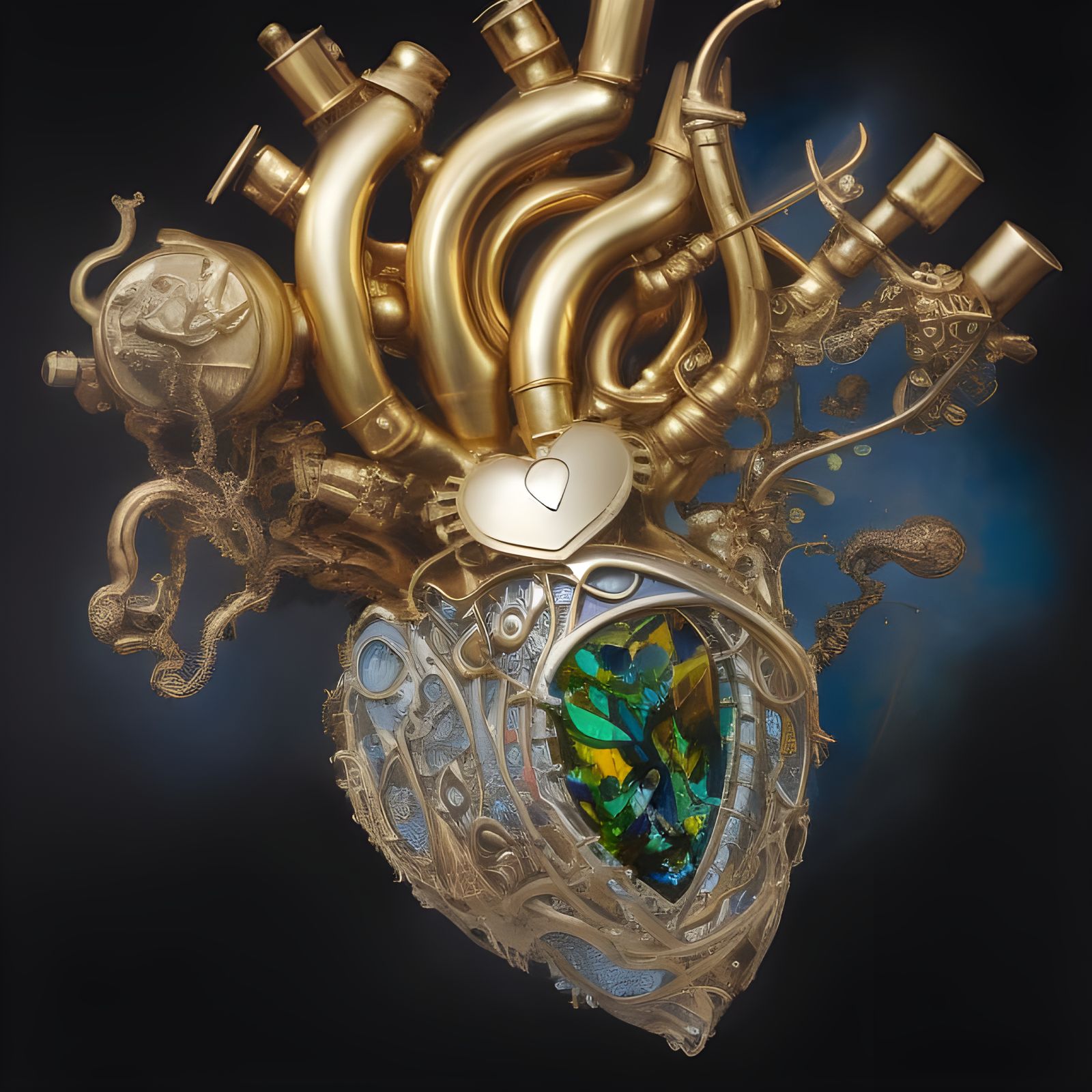 Golden Anatomical Heart in Oil Splash Style