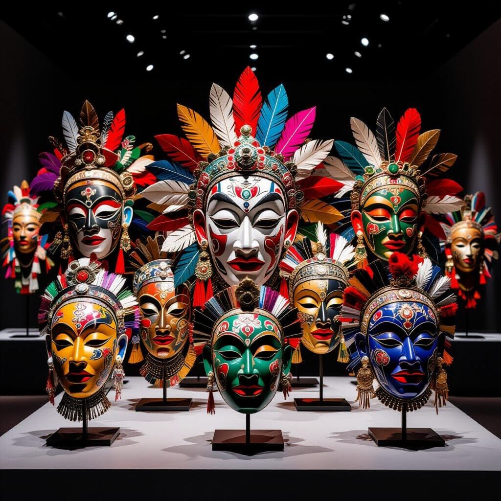 Diverse Ceremonial Masks in Dramatic Studio Lighting
