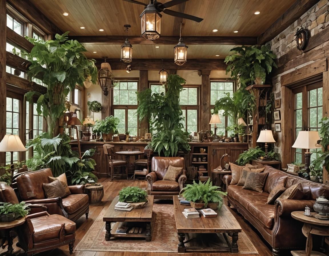 Rustic Living Room Interior with Leather Couch and Plants