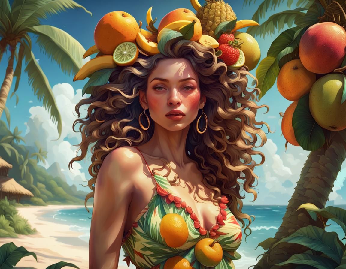 Tropical Paradise: Woman in Fruit Dress, Hyperdetailed Art