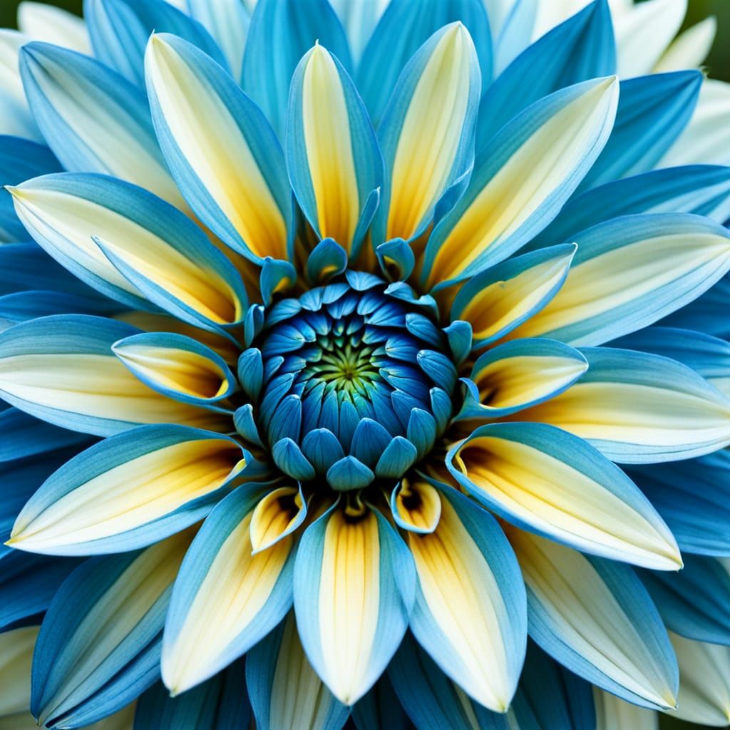 Vibrant Dahlia Flower with Yellow, Blue, and Orange Petals