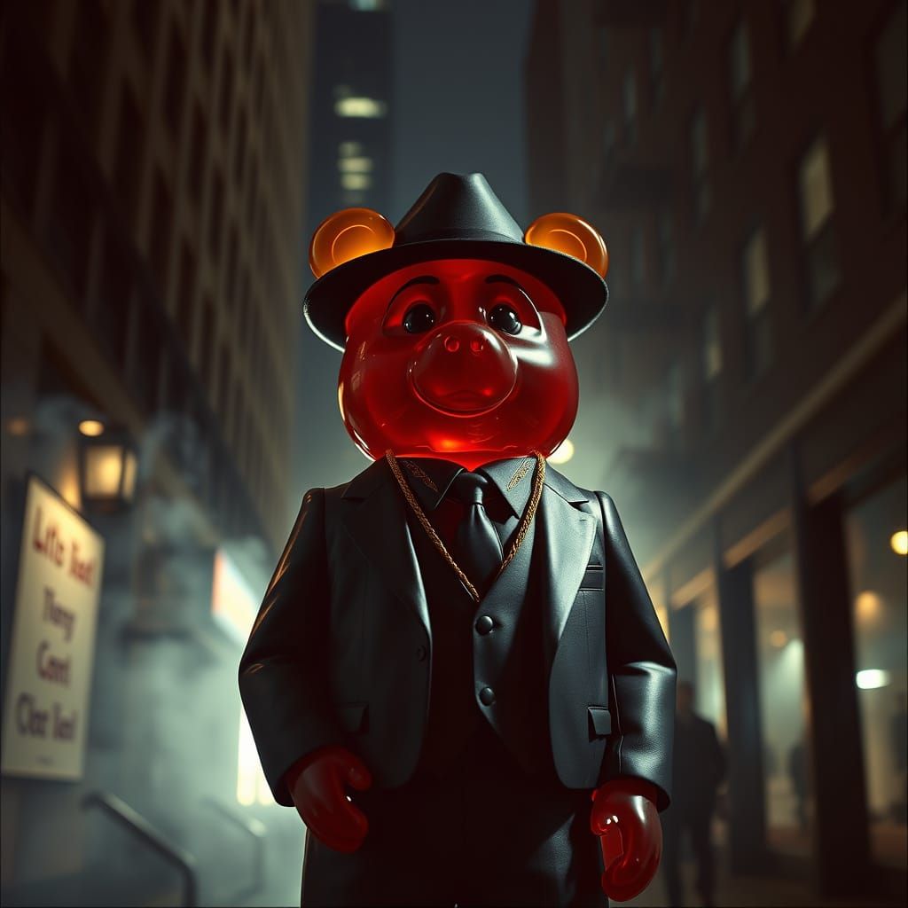 Gangster Gummy Bear Struts in Smoky Alleyway
