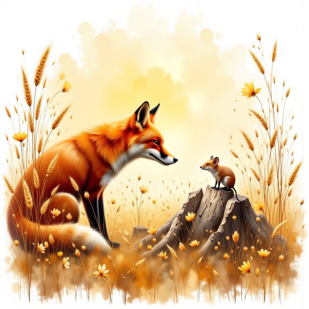 Red Fox in Wheat Field at Sunrise, Painterly Style