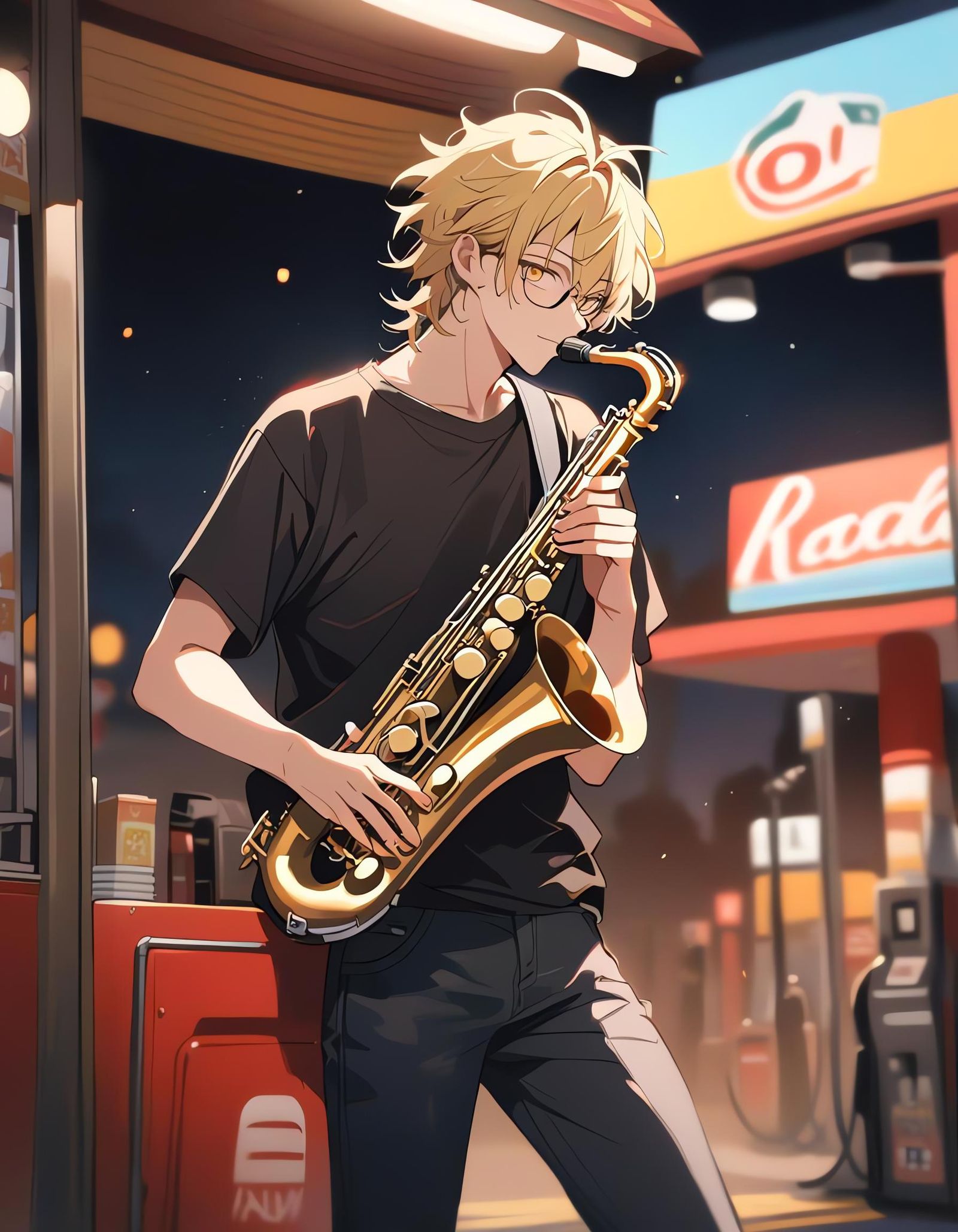Saxophonist at Gas Station in Kodak Portra Style
