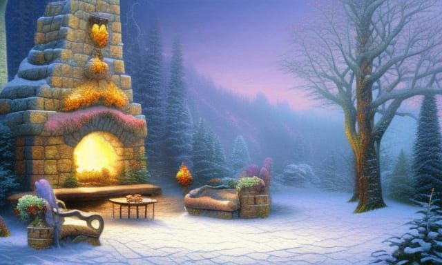 Winter Fantasy Village with Forest Fireplace