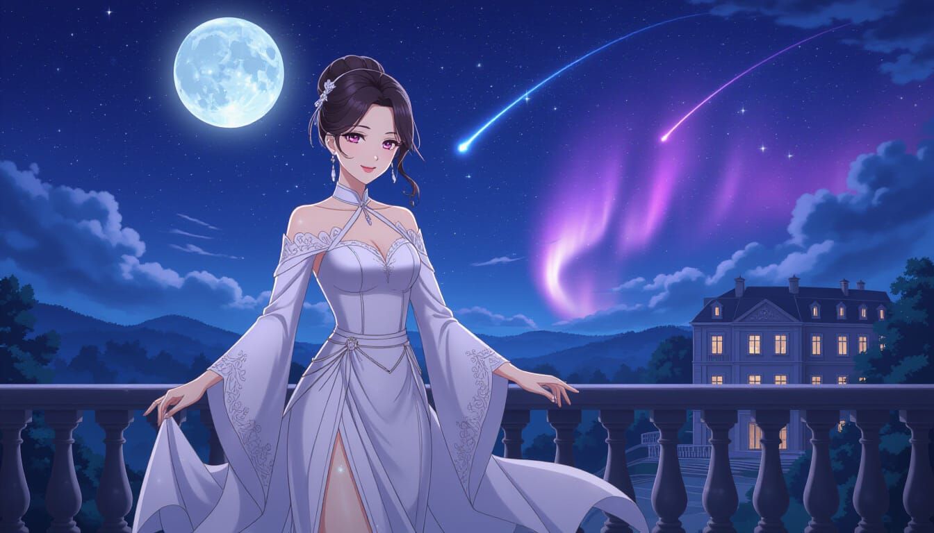 Anime Woman Under Aurora in Starry Night
