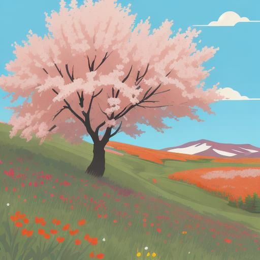 Red Fox Among Cherry Blossoms, Vector Art
