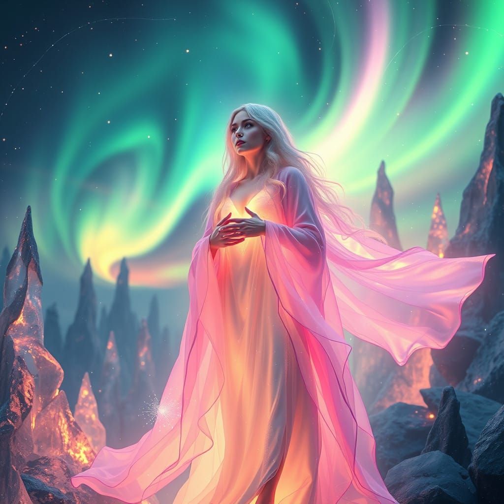 Ethereal Goddess of the Dawn in Vibrant, Swirling Colors