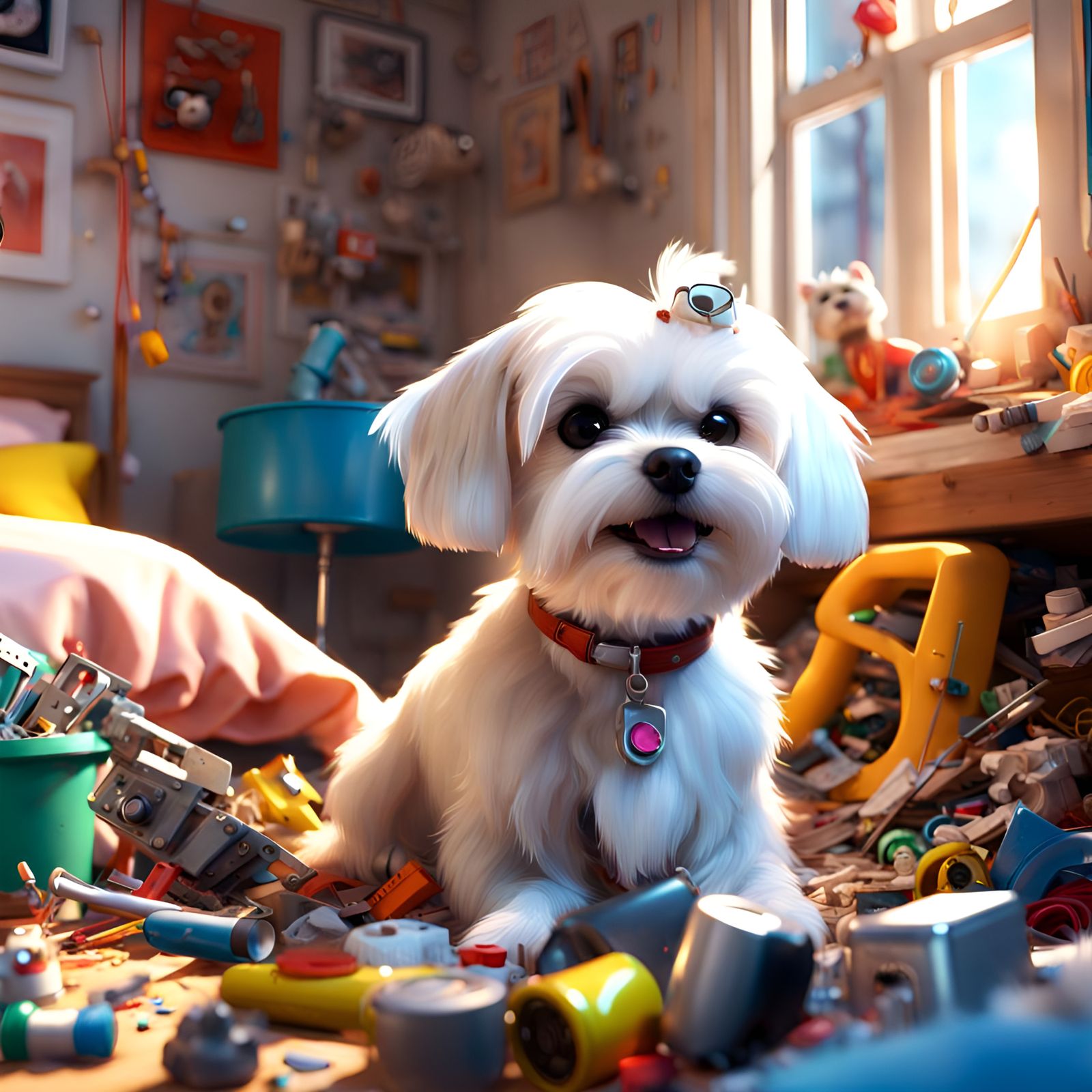 Happy Maltese Dog in Messy Room: 3D Digital Art