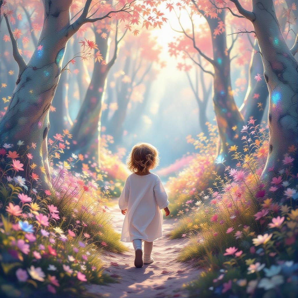 Dreamy Child in a Whimsical Opalescent Forest