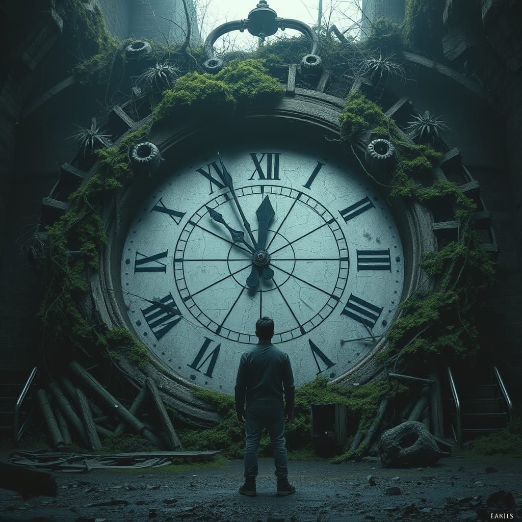 Man Before Giant Decaying Clock, Surreal Art Style
