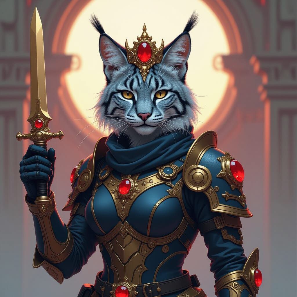 Cybernetic Lynx Creature with Dagger and Golden Crown