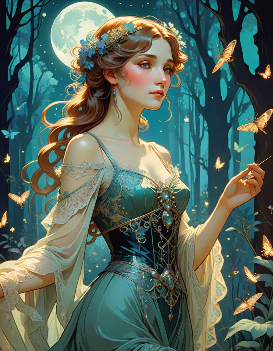 Victorian Lady in Bioluminescent Art Nouveau Forest