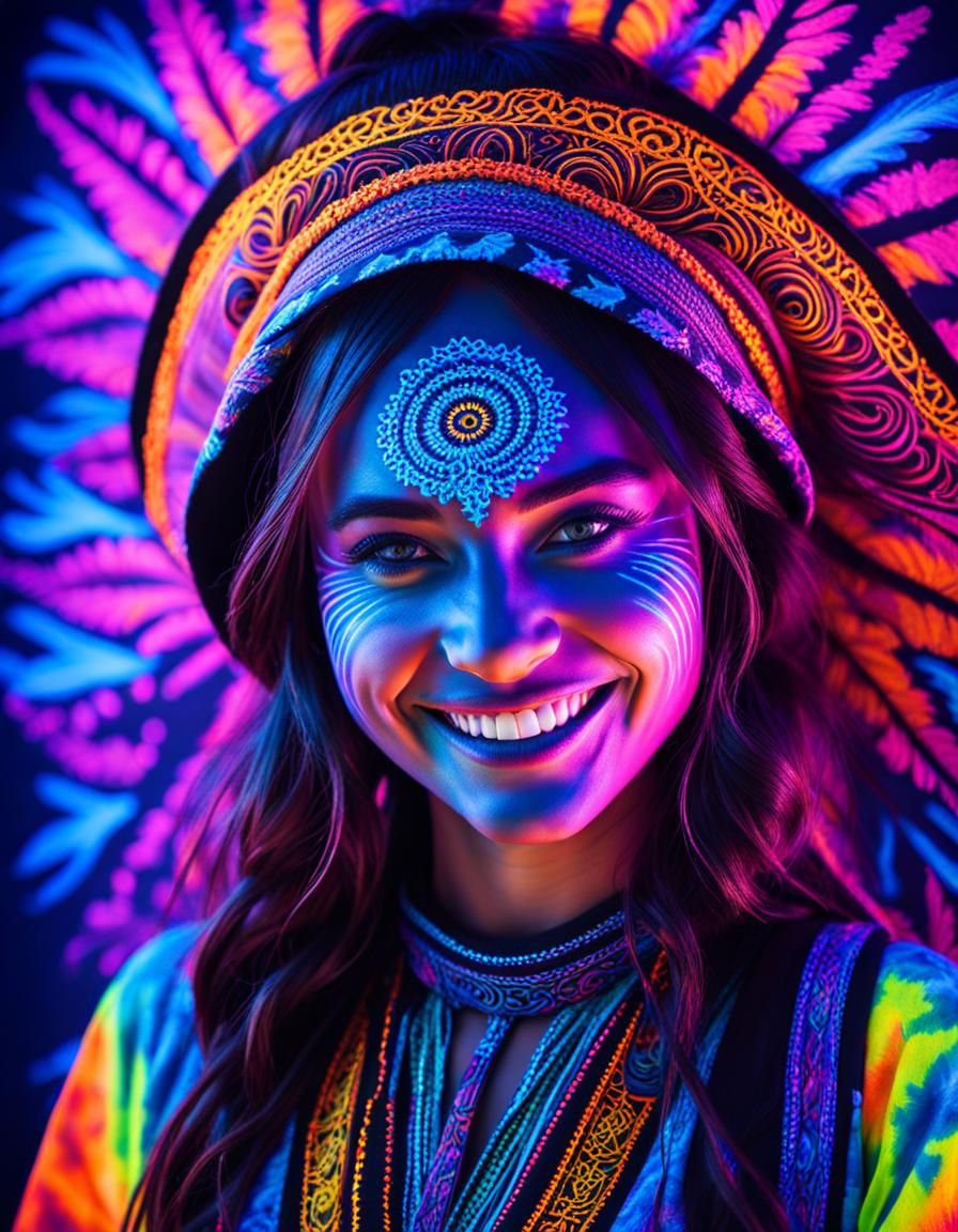 Psychedelic Black Light Face Painting of Smiling Woman
