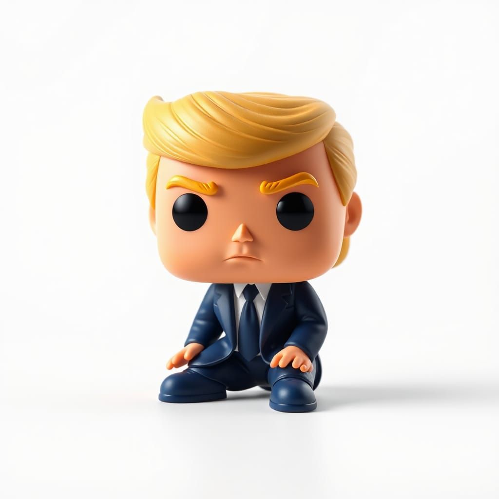Funko pop donald trump figurine, made of plastic, product studio shot, on a white background, diffused lighting, center...