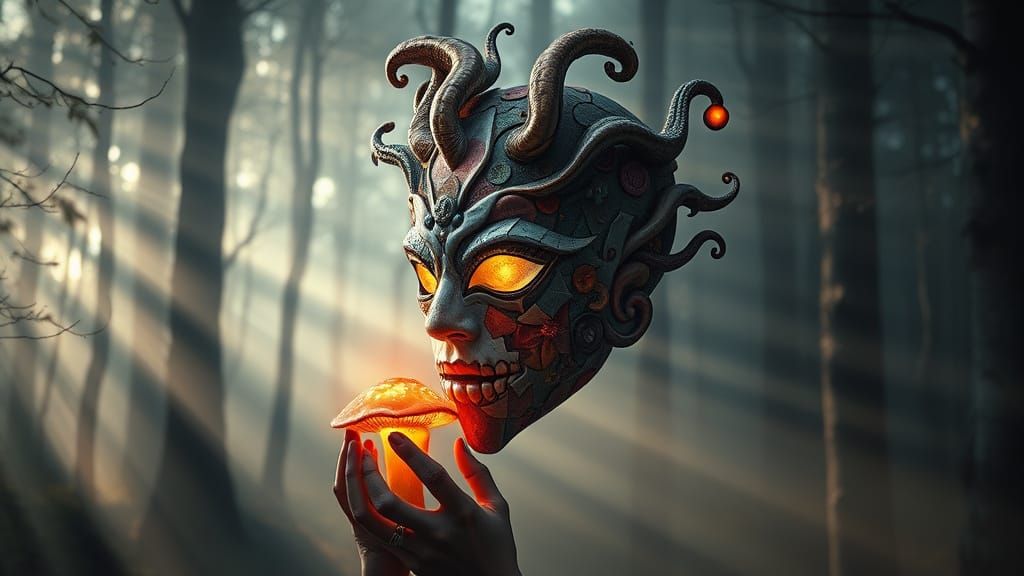 Surreal Cosmic Landscape with Glowing Mushroom