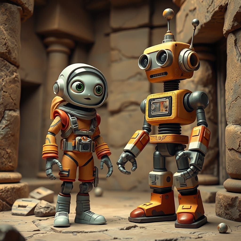 Retro Sci-Fi Claymation Alien Explorer in Temple