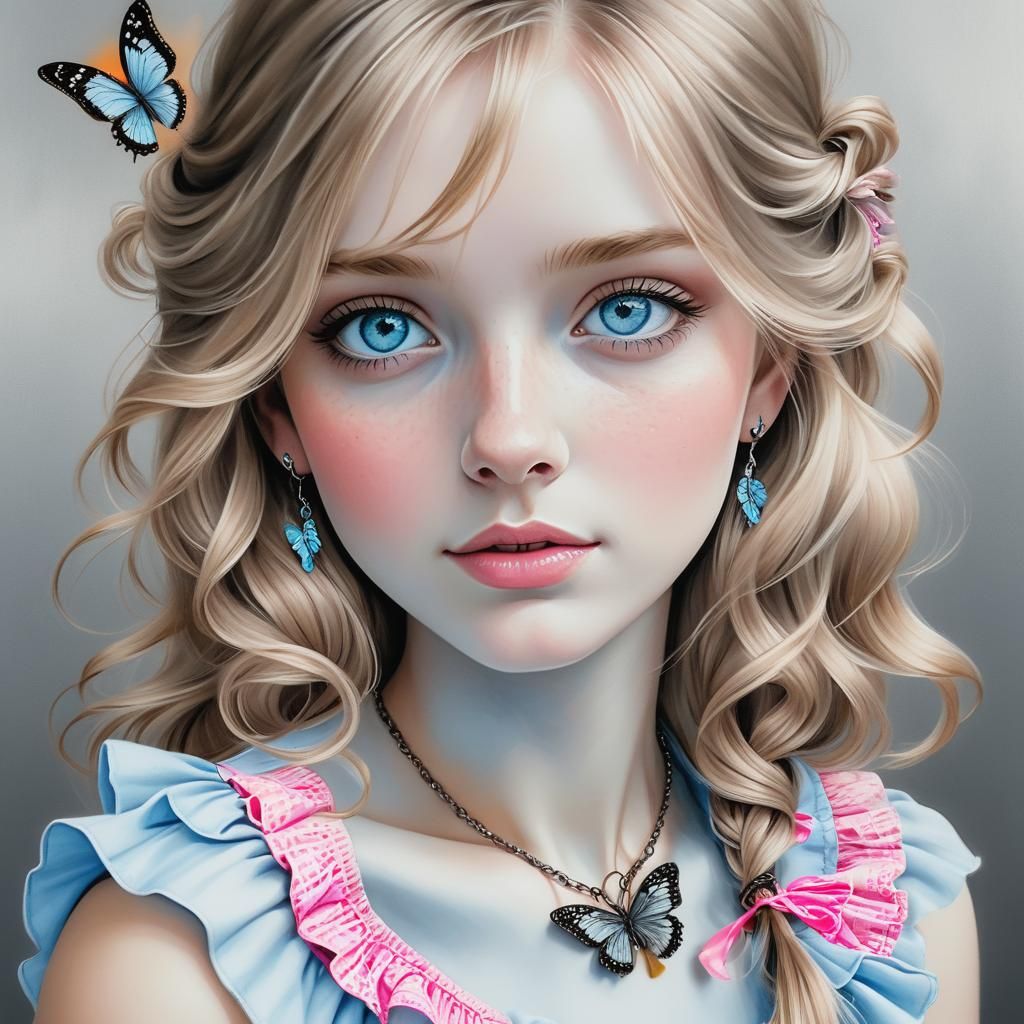 Hyperdetailed Charcoal Drawing of Girl with Butterfly Neckla...