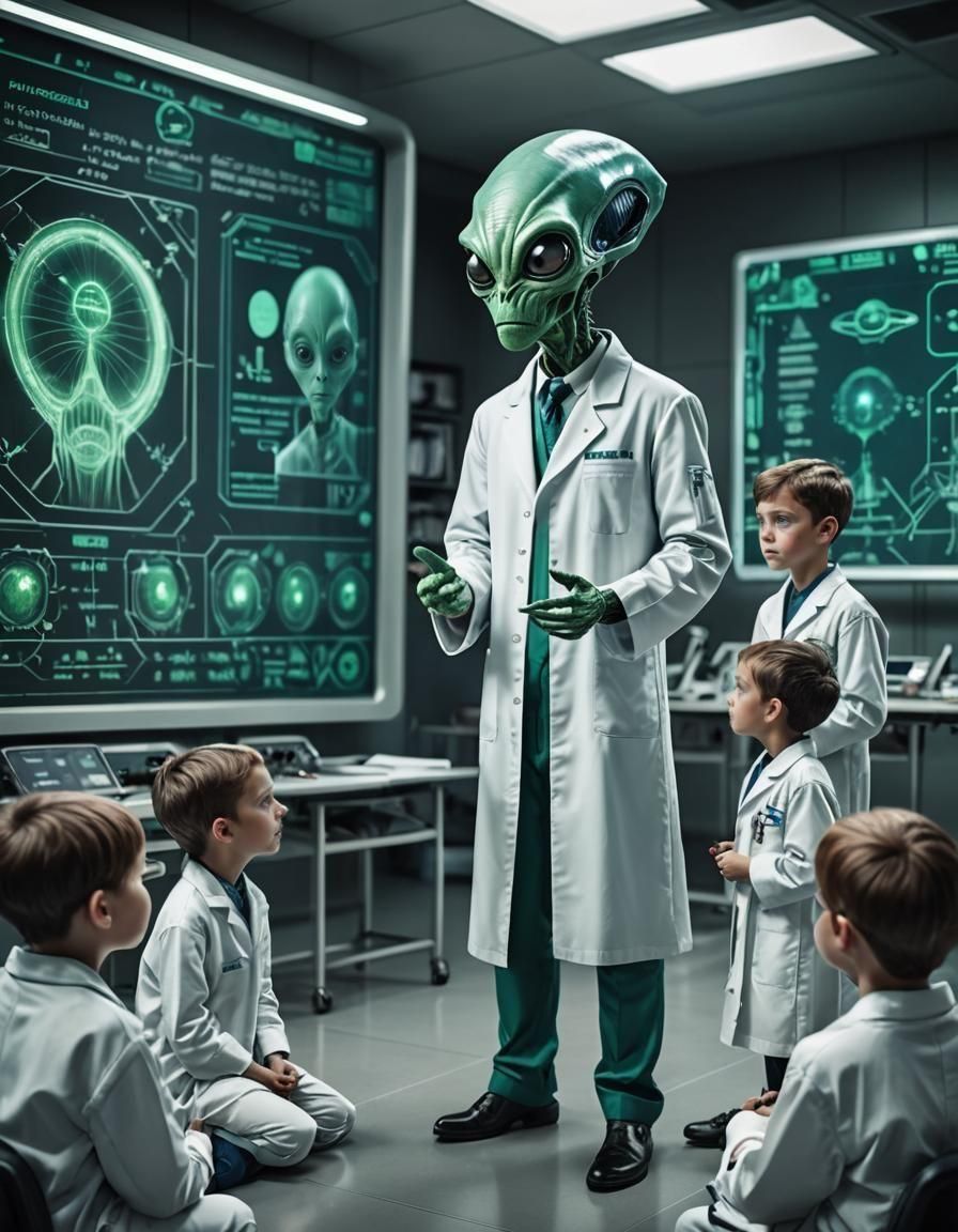 Alien Professor Lecturing Students in Futuristic Classroom
