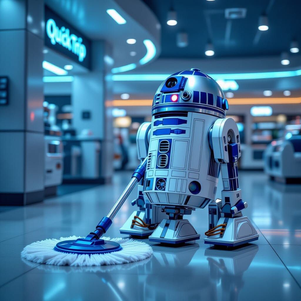 R2D2-Style Robot Cleaning in Futuristic Syd Mead Style