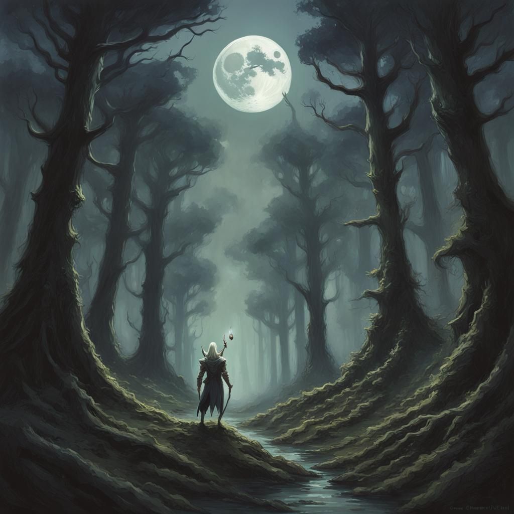 Sinister Moon Elf Forest Art